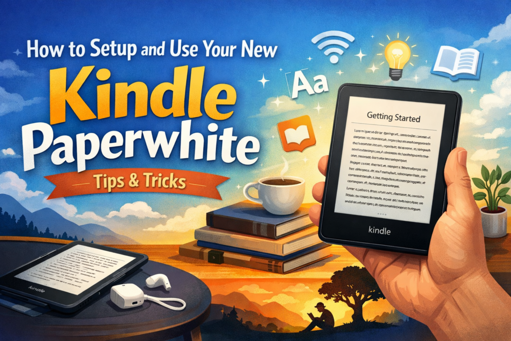 Blog banner illustration showing a hand holding a Kindle Paperwhite displaying a “Getting Started” screen, surrounded by books, a coffee cup, and reading icons, representing how to set up and use a new Kindle Paperwhite.