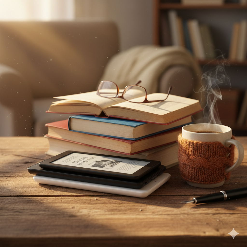 Stack of eReaders and paperbacks on a wooden table with a coffee mug in warm light