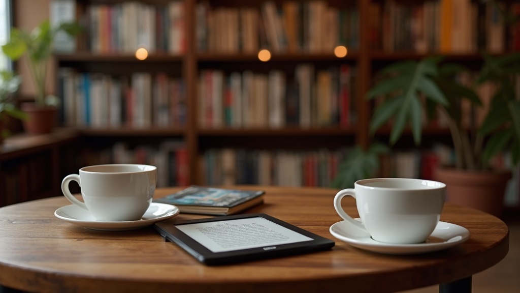 A cozy scene: a Kobo eReader and a stack of paperbacks beside a cup of coffee in an indie bookshop setting.