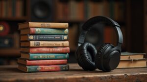 a stack of vibrant audiobook cases with headphones resting on a rustic wooden table — the blend of sound and stories creates a warm, cozy atmosphere