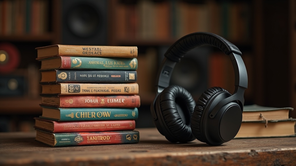 a stack of vibrant audiobook cases with headphones resting on a rustic wooden table — the blend of sound and stories creates a warm, cozy atmosphere