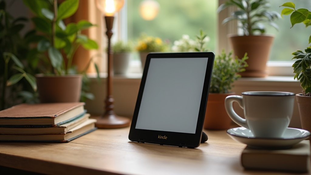 Kindle e-reader on a cozy desk with book accessories