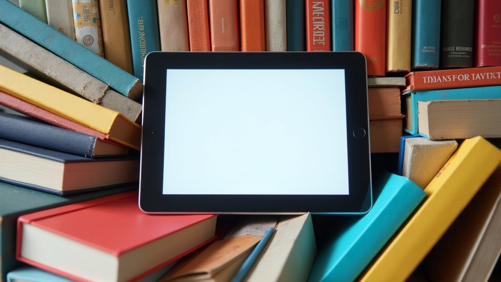 A digital tablet surrounded by a variety of colorful books, representing ebook subscriptions