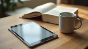 flat-lay-of-a-tablet-e-reader-and-coffee-mug-on-a-table-with-books