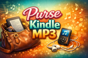 Illustrated blog banner showing a small brown purse with a Kindle e-reader inside and a portable MP3 player with earphones beside it, surrounded by musical notes and warm colorful tones, with the title “Purse Kindle MP3” displayed prominently.