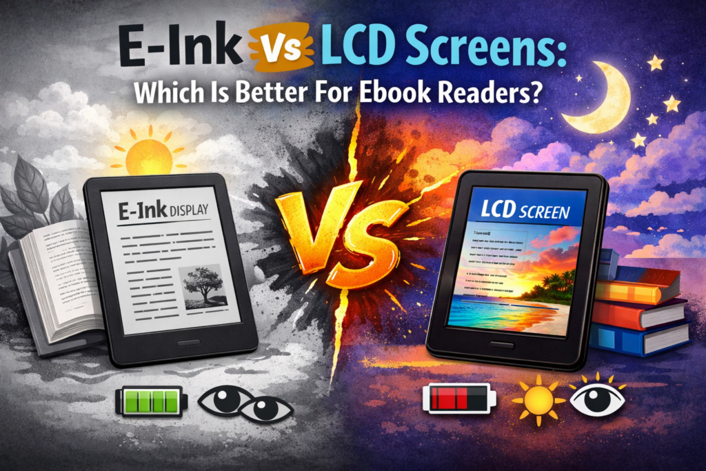 Banner image comparing E-Ink and LCD screens for ebook readers, with an E-Ink device showing black-and-white text on the left and an LCD device with a colorful display on the right, divided by a bold “VS” graphic and the title “E-Ink vs LCD Screens: Which Is Better for Ebook Readers?”