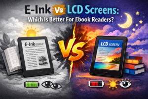 Banner image comparing E-Ink and LCD screens for ebook readers, with an E-Ink device showing black-and-white text on the left and an LCD device with a colorful display on the right, divided by a bold “VS” graphic and the title “E-Ink vs LCD Screens: Which Is Better for Ebook Readers?”