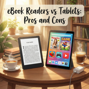 Illustrated banner showing an e-ink eBook reader and a tablet side by side on a wooden table in a cozy reading room. The eBook reader displays a black-and-white book page, while the tablet shows colorful magazines, games, and video apps. Coffee cups, bookshelves, and warm light emphasize the contrast between focused reading and multifunction tablet use. Text reads ‘eBook Readers vs Tablets: Pros and Cons.’