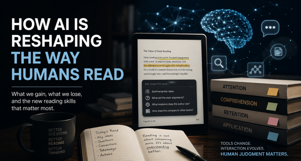 Blog banner showing an e-reader beside books and handwritten notes, with AI-style holographic visuals and the headline “How AI Is Reshaping the Way Humans Read.” The image suggests how digital reading, summaries, highlights, and AI tools are changing human attention, comprehension, and judgment.