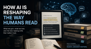 Blog banner showing an e-reader beside books and handwritten notes, with AI-style holographic visuals and the headline “How AI Is Reshaping the Way Humans Read.” The image suggests how digital reading, summaries, highlights, and AI tools are changing human attention, comprehension, and judgment.